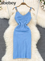Chain V Neck Summer Knit Sexy Strap Dress Women Tank Elatic Waist Bodycon Sundress Female Beach  Backless Long Dress