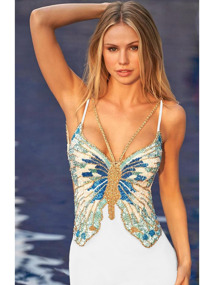 Sexy Spaghetti Strap Beaded Butterfly Bodycon Bandage Mini Dress Summer White V-Neck Sleeveless Dress Evening Party Club Outfit
