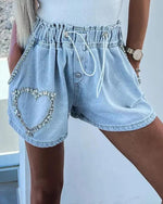 Y2K 2023 Summer New Casual Fashion Shorts Temperament Commuting Rhinestone Heart Pattern Drawstring Denim Shorts OTTD