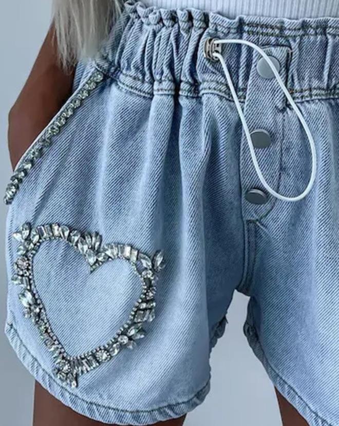 Y2K 2023 Summer New Casual Fashion Shorts Temperament Commuting Rhinestone Heart Pattern Drawstring Denim Shorts OTTD