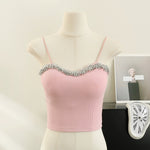 Summer Basic Crop Top Women Patched Fake Diamonds Padded Soft Velour Tanks Sleeveless Tee Top Camisole With Bra