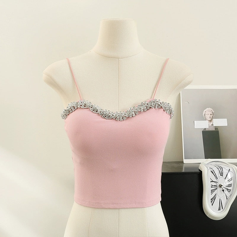 Summer Basic Crop Top Women Patched Fake Diamonds Padded Soft Velour Tanks Sleeveless Tee Top Camisole With Bra