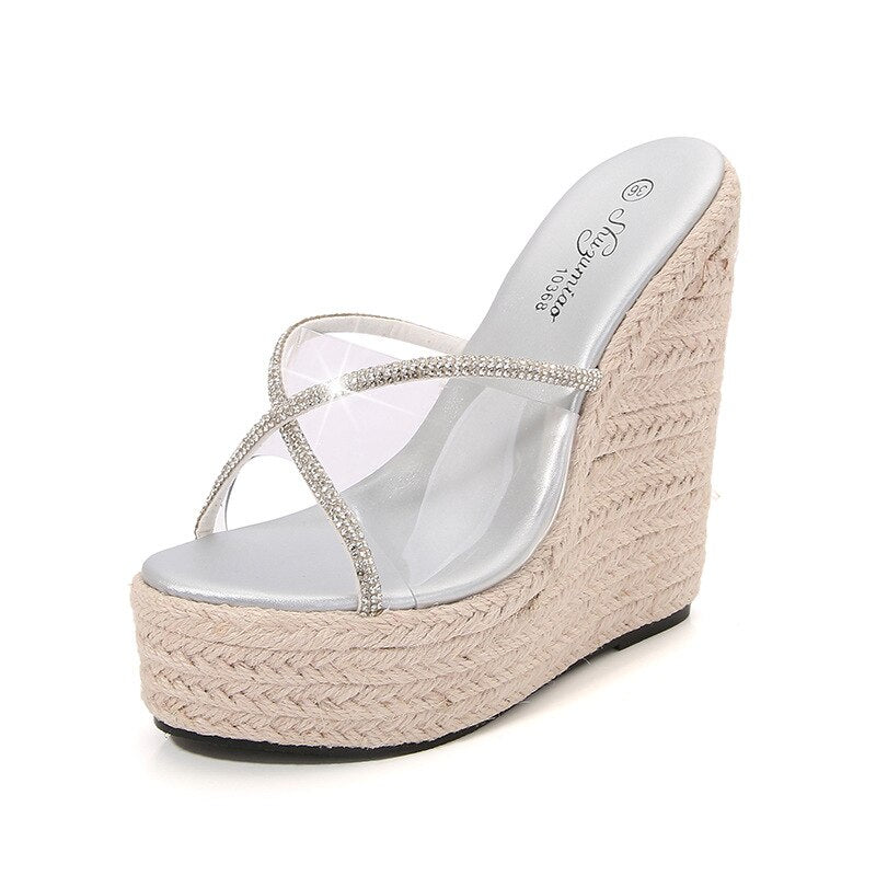 Women&#39;s Sexy Slippers Fashion High Heels 15CM Slippers Slope Heels Rhinestones wedges plus size