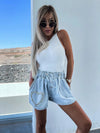 High Waist Fashion Loose Wide Leg Shorts Handmade Beaded 2023 Summer New A-line Exquisite Rhinestone Denim Pants for Women