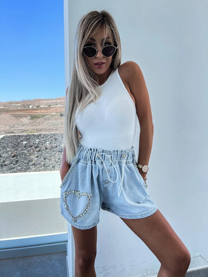 High Waist Fashion Loose Wide Leg Shorts Handmade Beaded 2023 Summer New A-line Exquisite Rhinestone Denim Pants for Women