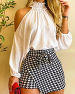 Women Frill Hem Shirred Neck Cold Shoulder Top &amp; Houndstooth Wrap Tie Front Shorts Set Autumn Sexy Bodycon Skirts Two Piece Suit