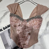 PREPOMP 2023 Summer New Collection Sleeveless Rhienstone Mesh Slim Waist Bandage Chest Pads Slim Tank Top Women Camisole GK276