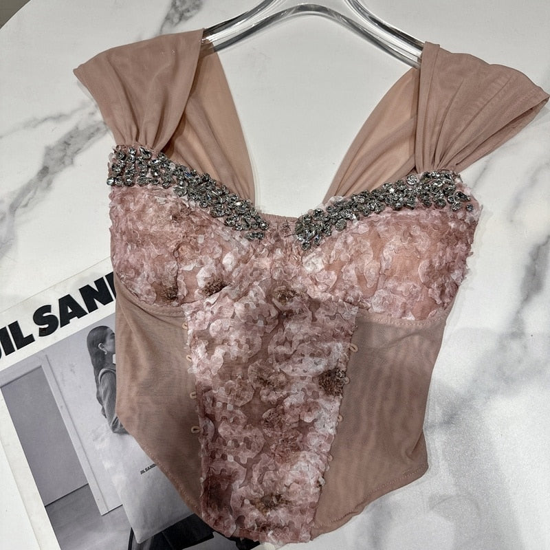 PREPOMP 2023 Summer New Collection Sleeveless Rhienstone Mesh Slim Waist Bandage Chest Pads Slim Tank Top Women Camisole GK276
