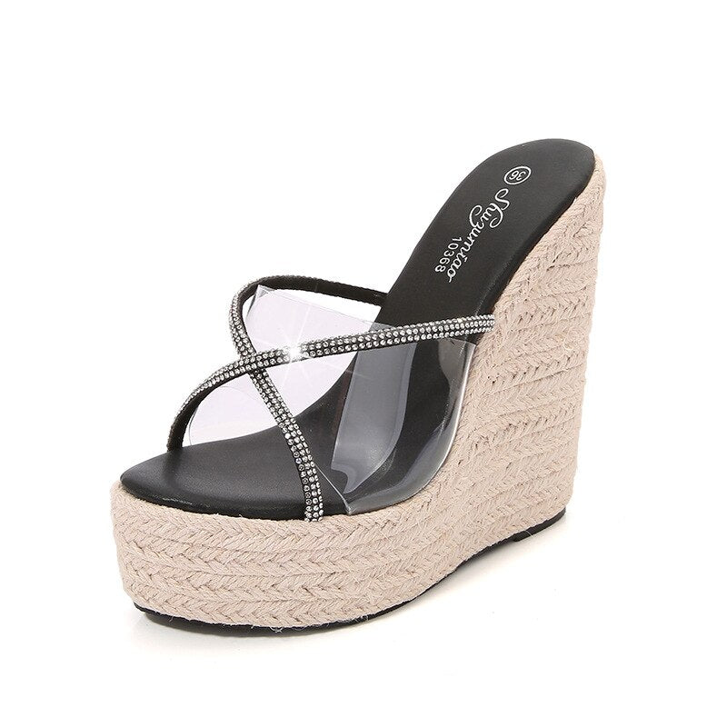 Women&#39;s Sexy Slippers Fashion High Heels 15CM Slippers Slope Heels Rhinestones wedges plus size