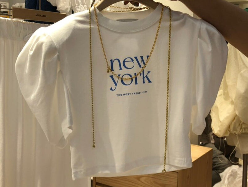 Neploe Korean 2023 Summer O-Neck Short Tops Letter Print Shoulder Pad Puff Sleeve T-Shirt Femme Chic Simple Casual Sweet Tees