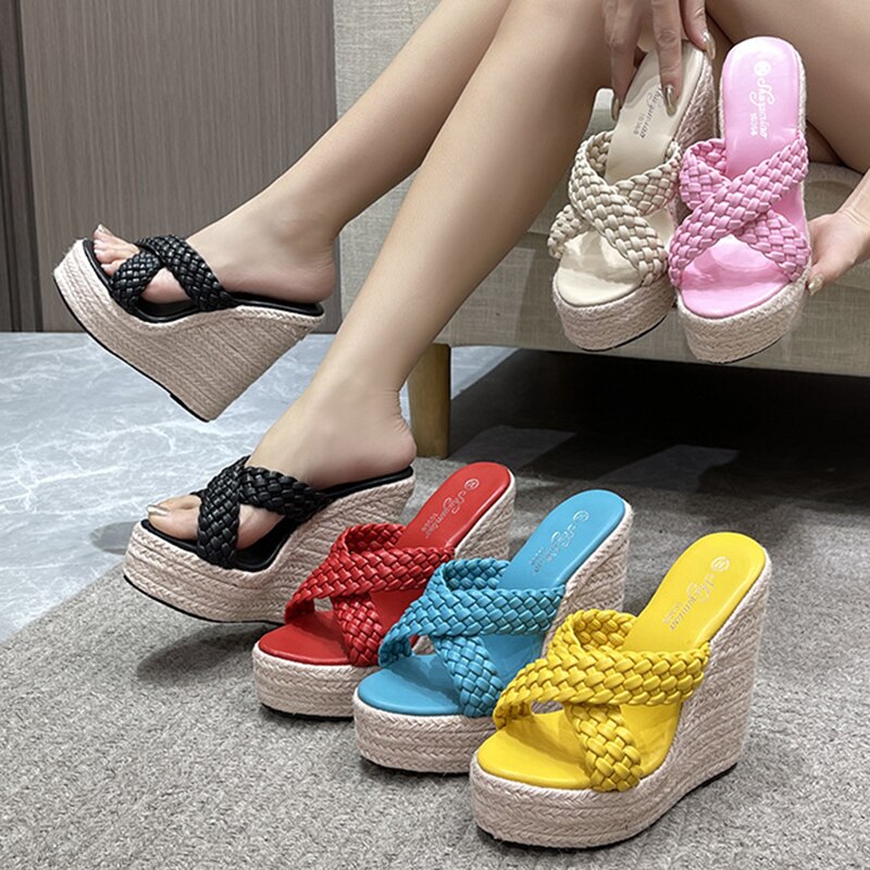 Women&#39;s Large 34-43 Wedge Heel Slippers Design Fashion Daily 15CM Textile Slippers