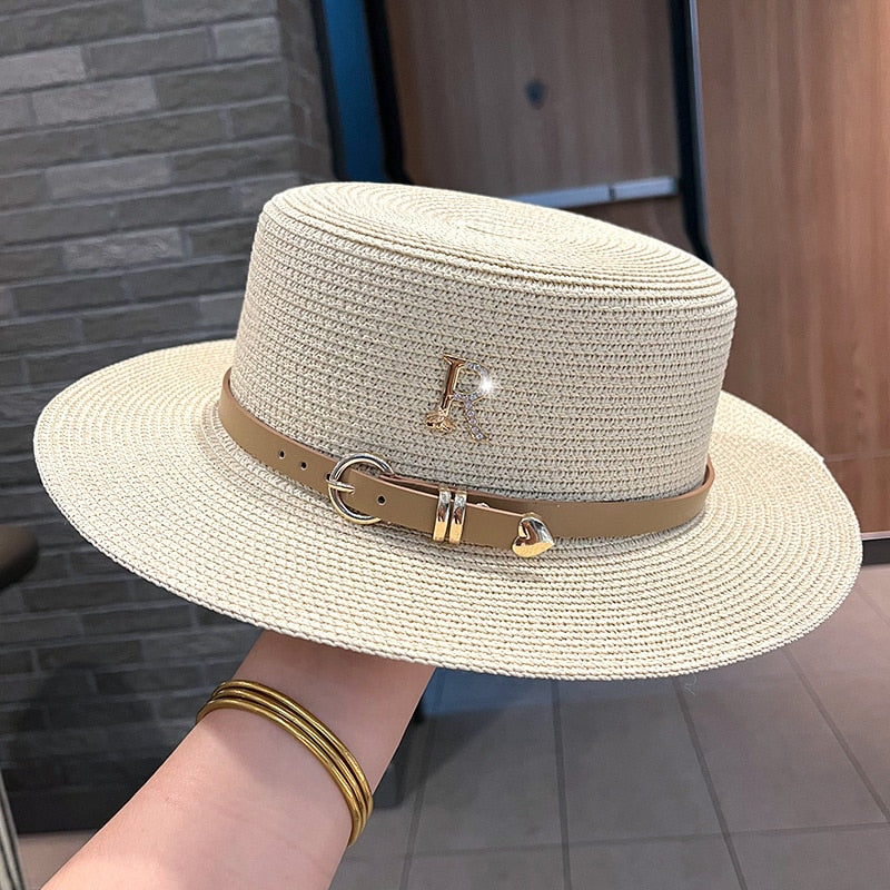 2023 New Metal R Letter Buckle Straw Hat Leisure Summer Sunscreen Hat Women&#39;s Fashionable Beach Hat Vintage Hat Church Hats