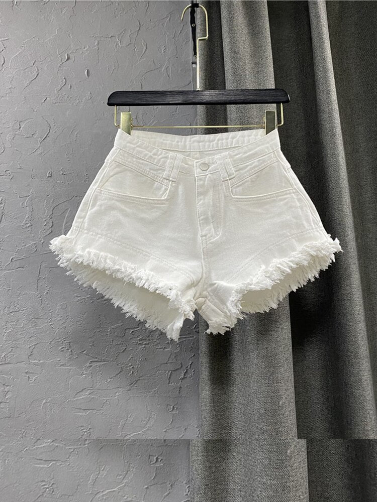 White High Waist Denim Shorts Women'S Tassel Raw Edge Loose Wide-Leg Hot Pants 2022 Summer Fashion Korean Women'S Clothing