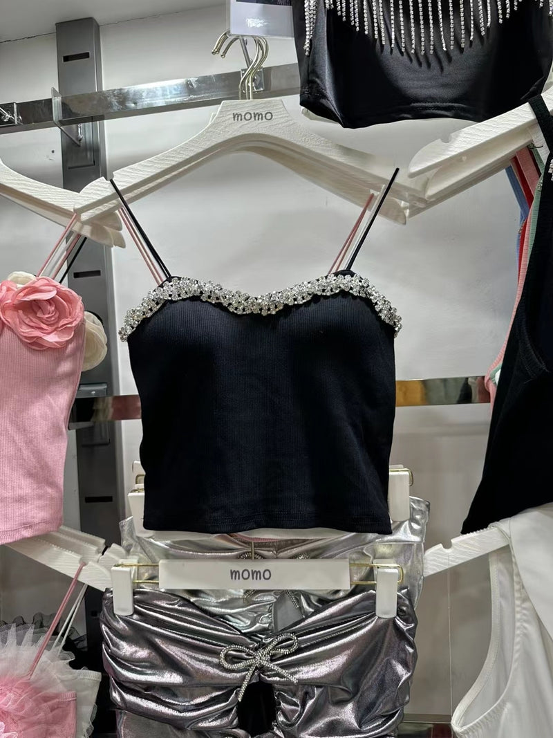 Summer Basic Crop Top Women Patched Fake Diamonds Padded Soft Velour Tanks Sleeveless Tee Top Camisole With Bra