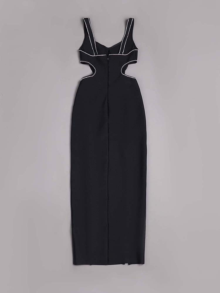 Sexy V-neck Hollow out Diamond Split Bandage Dress Elegant Black Sleeveless Crystal Long Bodycon Dress Celebrity Party Club Dres