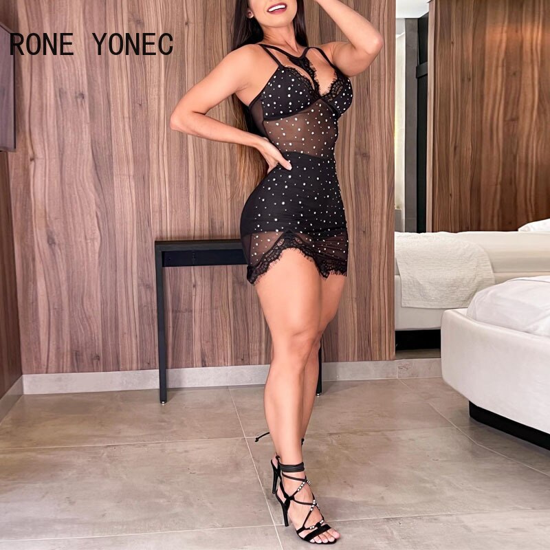 Women Solid Sexy Sleeveless Rhinestone Mesh Lace Patchwork Bodycon Mini Sexy Party Dresses Set
