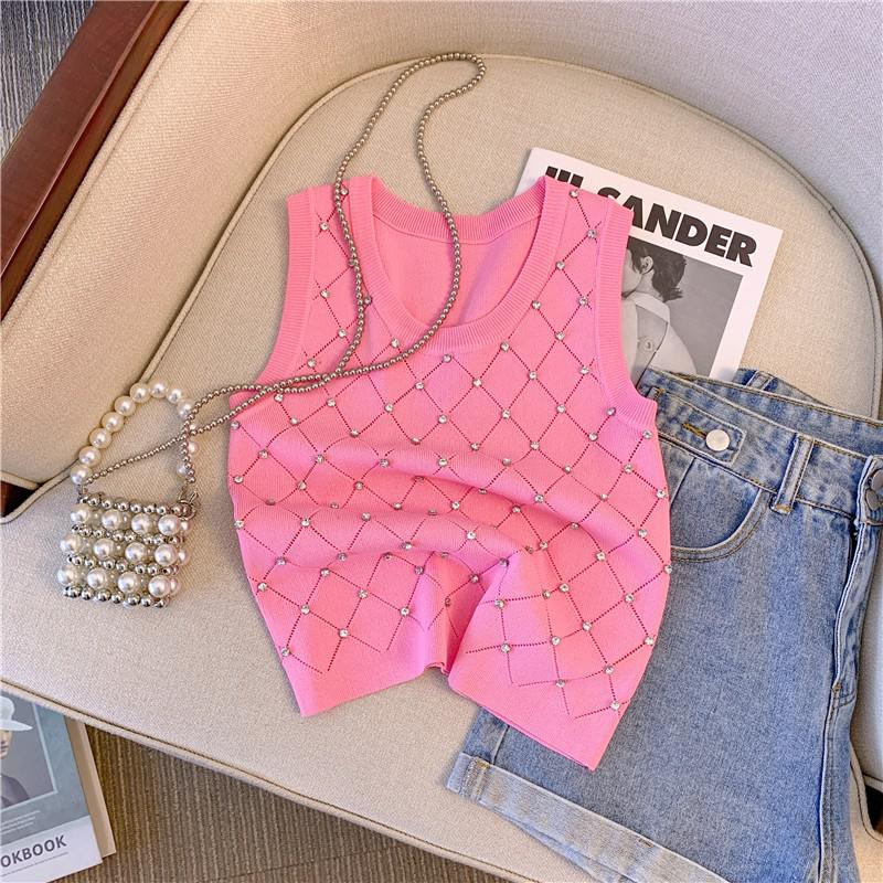 Diamonds Argyle Slim Knit Sweater Vest Women&#39;s Crop Tops 2023 Summer Sleeveless O-neck Knitwear Stylish Fashion Sexy Pullovers