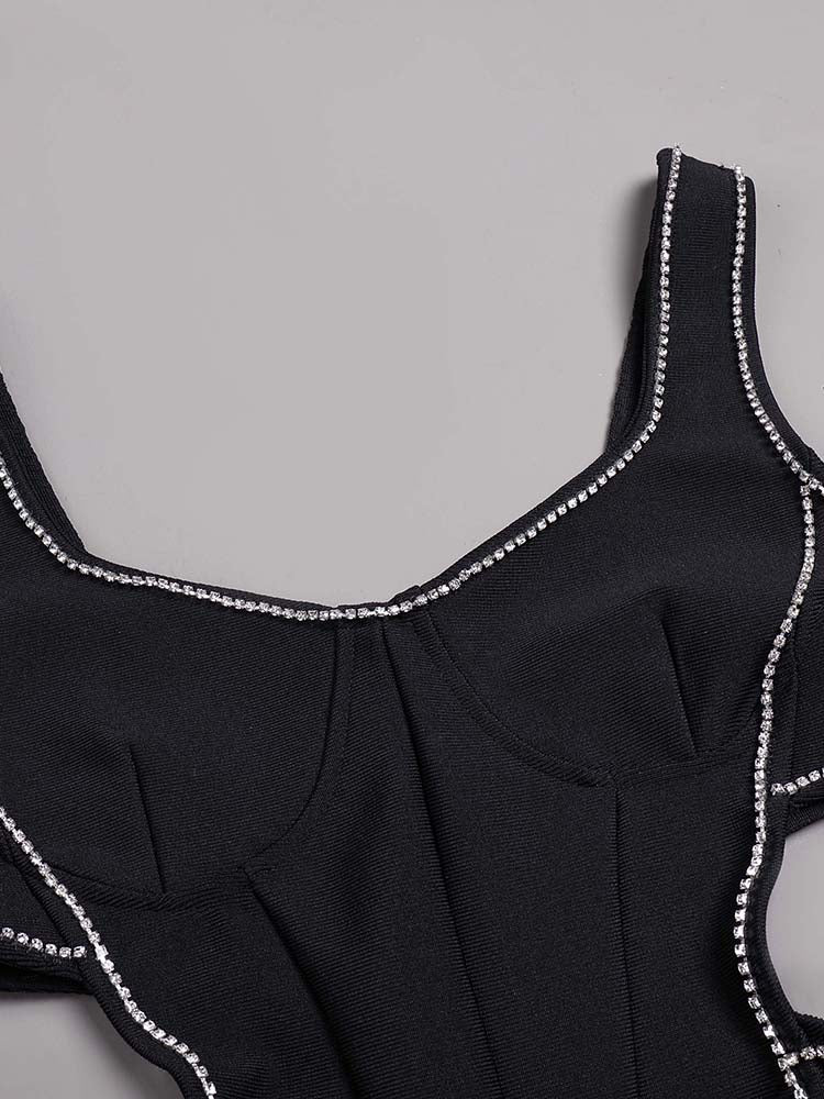 Sexy V-neck Hollow out Diamond Split Bandage Dress Elegant Black Sleeveless Crystal Long Bodycon Dress Celebrity Party Club Dres