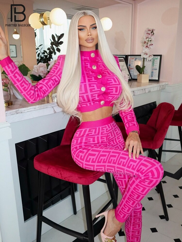 PB Two Pieces Set Women Geometric Jacquard Button Long Sleeve Crop Top Embellished Celebrity Party Bandage Two Pieces Pants Sets