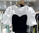 Tops Round Neck Puff Sleeve Chain Decoration T-shirts