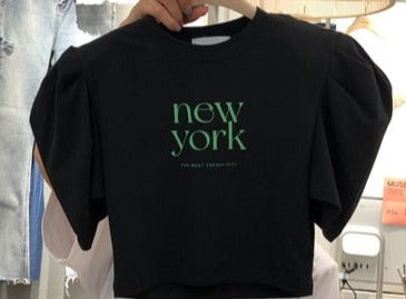 Neploe Korean 2023 Summer O-Neck Short Tops Letter Print Shoulder Pad Puff Sleeve T-Shirt Femme Chic Simple Casual Sweet Tees