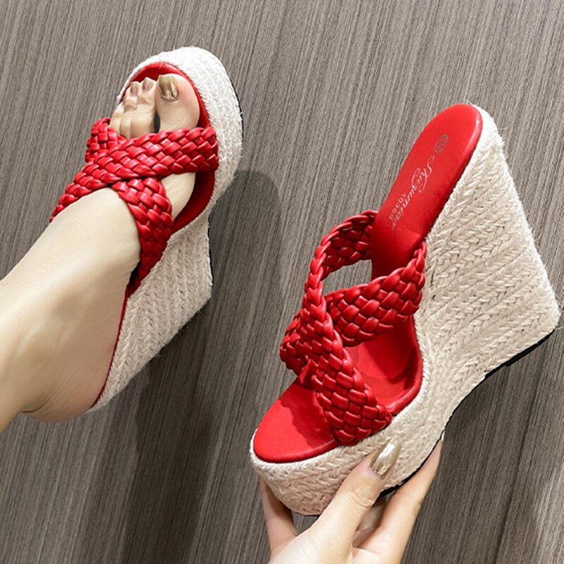 Women&#39;s Large 34-43 Wedge Heel Slippers Design Fashion Daily 15CM Textile Slippers