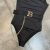 PREPOMP 2022 Summer New Arrivals Sleeveless Single Shoulder Metal Chain Letter Belt Sexy Black Slim Bodysuits Women GF315