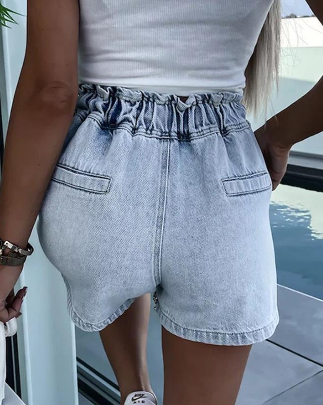 New Fashion 2023 Summer Casual Bottom Rhinestone Pocket Design Denim High Waist Shorts Female Clothing Outfits