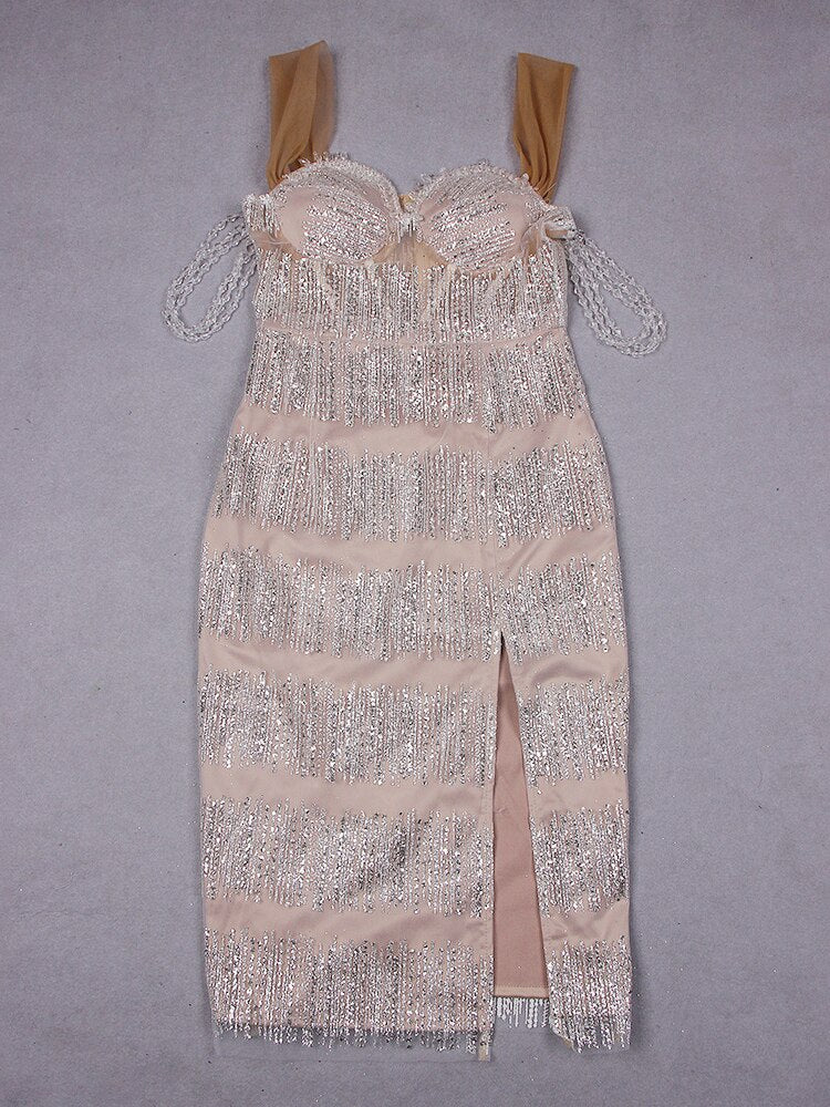 Sexy V Neck Slim Midi Dress Luxury Beaded Sequin Glitter Backless Skinny Mini Dress Spaghetti Strap Bodycon Split Celebrity Part