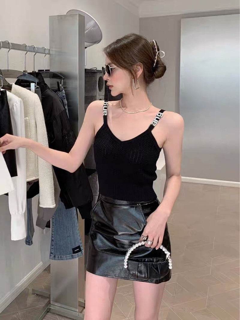 PREPOMP 2022 Summer New Arrival Sleeveless Diamonds Letters Strapl V Neck Slim Knitted Vest Women Tank Top GE733