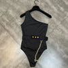 PREPOMP 2022 Summer New Arrivals Sleeveless Single Shoulder Metal Chain Letter Belt Sexy Black Slim Bodysuits Women GF315
