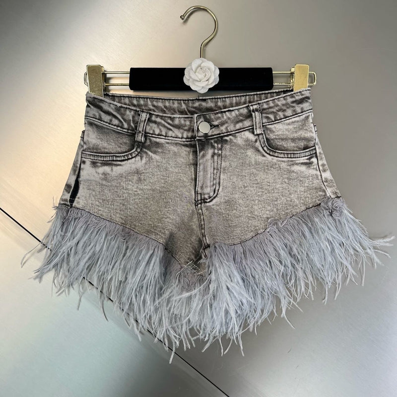 PREPOMP 2023 Summer New Collection Sleeveless Skew Neck Metal Color Bodysuits Feathers Denim Shorts Two Piece Set Outfits GH978