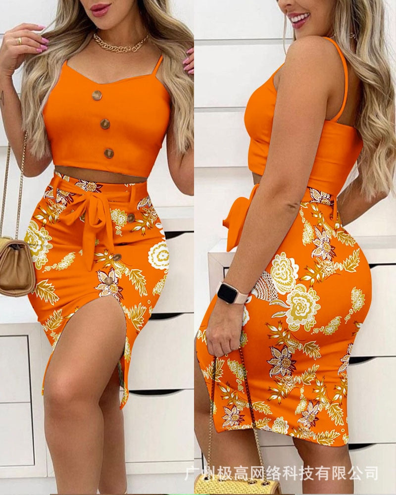 Button Decor Top & Split Skirt Set
