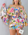 Graphic Print Off Shoulder Bell Sleeve Crop Top &amp; Shorts Set Women 2pcs Clothes Suit Spring Summer Loose Blouse Shorts Pants
