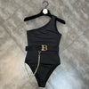 PREPOMP 2022 Summer New Arrivals Sleeveless Single Shoulder Metal Chain Letter Belt Sexy Black Slim Bodysuits Women GF315