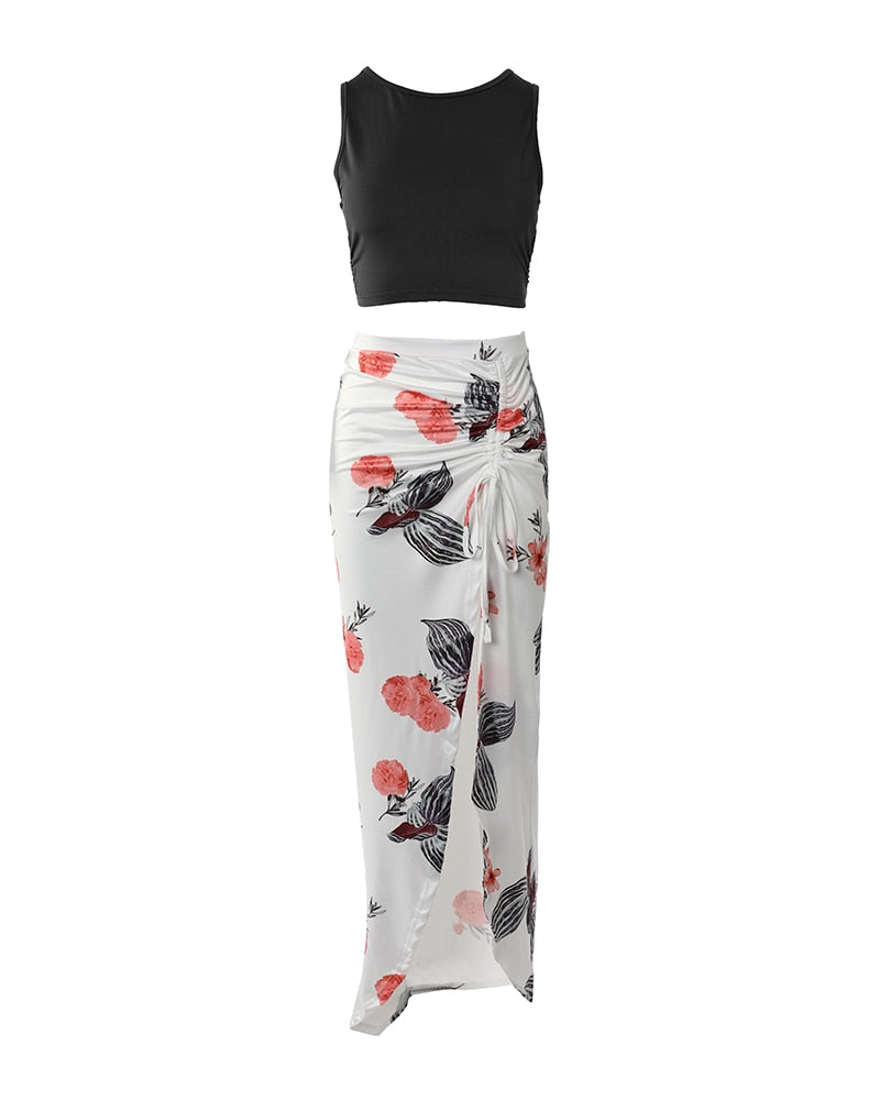 Floral Drawstring Slit Thigh Skirt Set 2pcs
