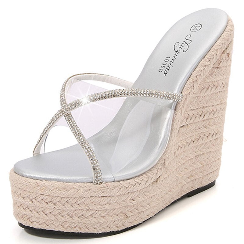 Women&#39;s Sexy Slippers Fashion High Heels 15CM Slippers Slope Heels Rhinestones wedges plus size