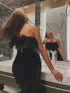 Sexy Off Shoulder Feather Bodycon Lace Bandage Dress Black Strapless Designer Mini Dress Fashion Elegant Celebrity Evening Party