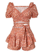 Floral Print Criss Cross Crop Top & Skorts Set