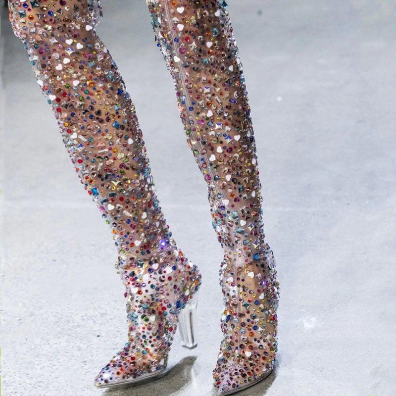 Mixed Colors Rhinestone Transparent Over the Knee Boots Luxury Crystal Pointed Toe Chunky Heel High - Sabreeonline