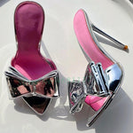 Butterfly Knot Pink Insole Slippers Women High Stiletto Heels Silver Patent Leather Pointy Toe Shoes Sexy Spring Ladies Slippers - Sabreeonline