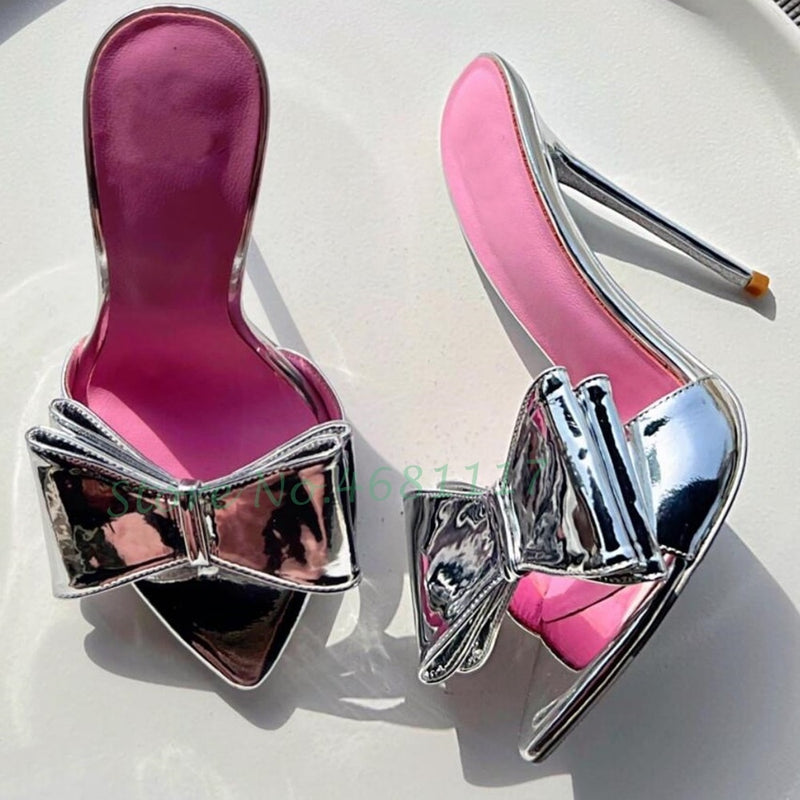 Butterfly Knot Pink Insole Slippers Women High Stiletto Heels Silver Patent Leather Pointy Toe Shoes Sexy Spring Ladies Slippers - Sabreeonline