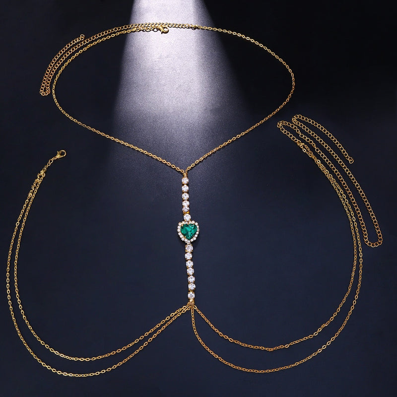 Sexy Green Crystal Chest Chain Harness Stainless Steel Belly Waist Chain Body Jewelry Necklace For Women Clothing Accessories - Sabreeonline