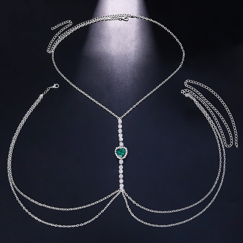 Sexy Green Crystal Chest Chain Harness Stainless Steel Belly Waist Chain Body Jewelry Necklace For Women Clothing Accessories - Sabreeonline