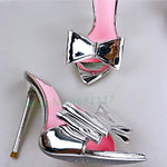 Butterfly Knot Pink Insole Slippers Women High Stiletto Heels Silver Patent Leather Pointy Toe Shoes Sexy Spring Ladies Slippers - Sabreeonline