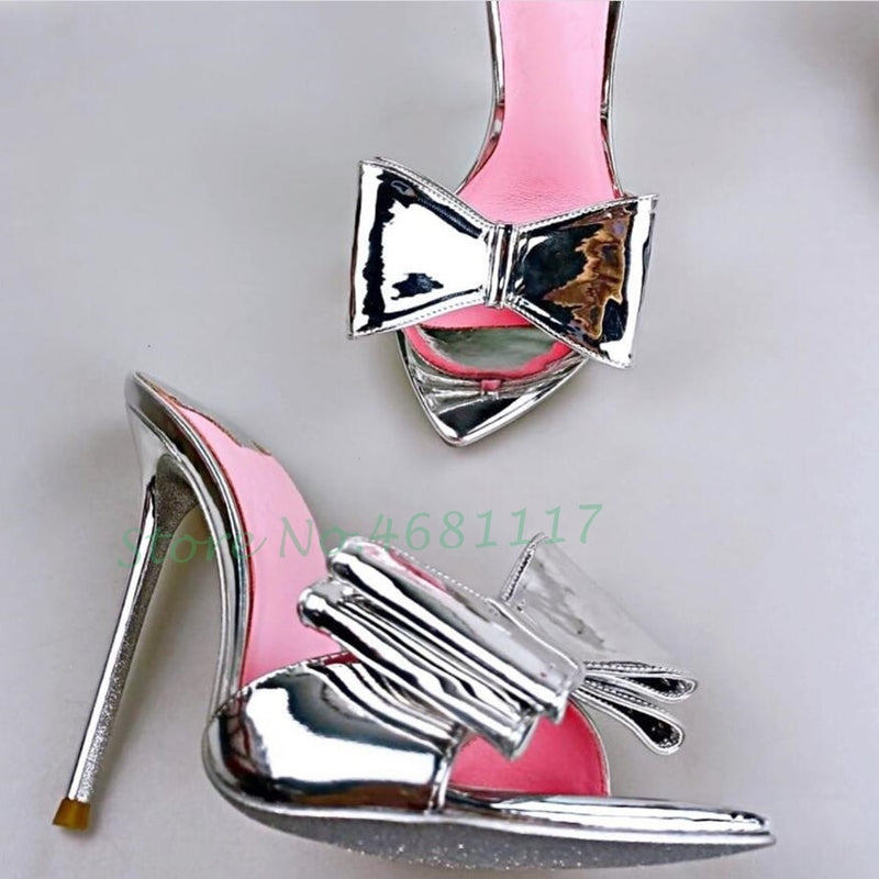 Butterfly Knot Pink Insole Slippers Women High Stiletto Heels Silver Patent Leather Pointy Toe Shoes Sexy Spring Ladies Slippers - Sabreeonline