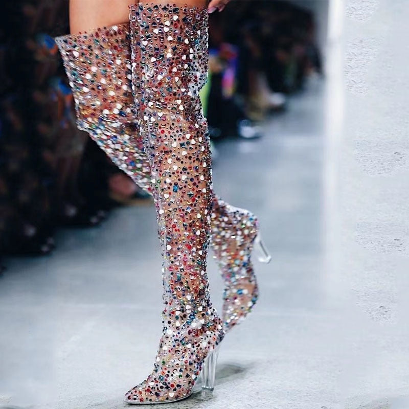Mixed Colors Rhinestone Transparent Over the Knee Boots Luxury Crystal Pointed Toe Chunky Heel High - Sabreeonline