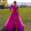 Tulle One Sleeve V-neck Puff Organza Gowns - Sabreeonline