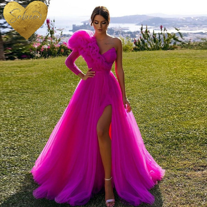Tulle One Sleeve V-neck Puff Organza Gowns - Sabreeonline