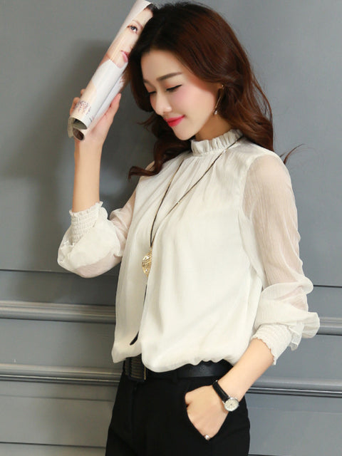 Chiffon Long Sleeve Stand Neck Work Wear - Sabreeonline